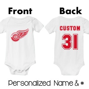 Personalized Detroit Red Wings Baby Hockey Bodysuit Custom Kids Jersey Name #  Baby Shower Gift Infant Tee Boys Girls Toddler Kids Clothes