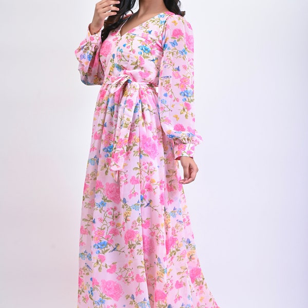 Pink color Chiffon Fabric floral printed Gown