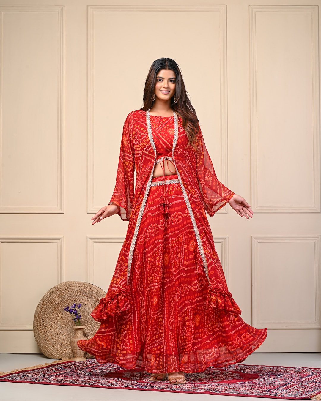 Lehenga Choli Wine Red Shrug Wine Color Bandhani Print Designer