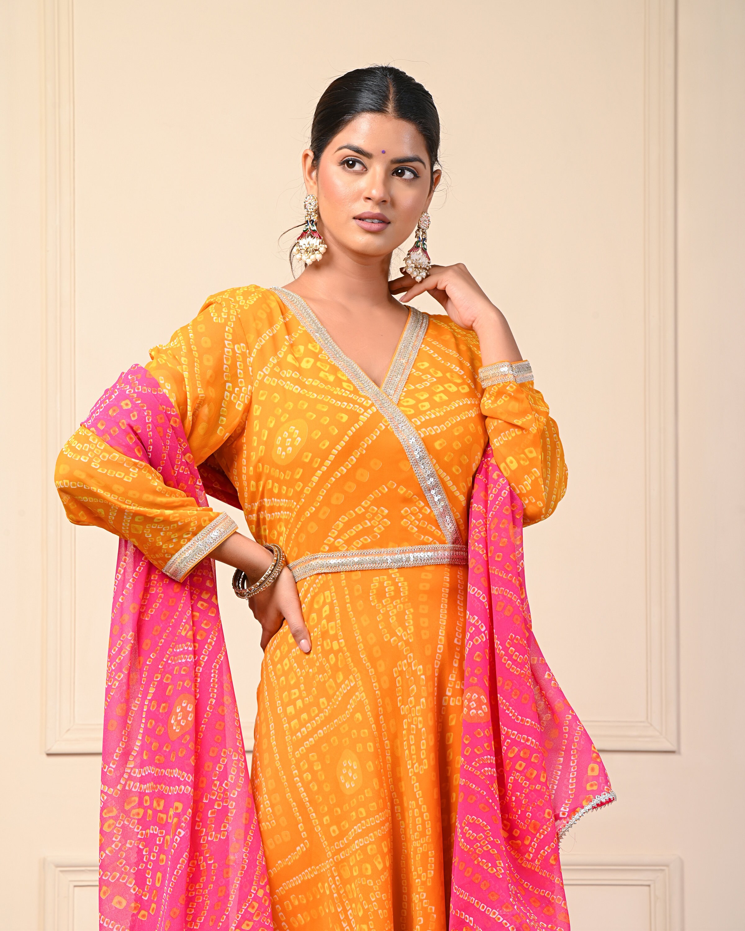 Bandhani Asymmetric Dress In Electric Yellow main image 1