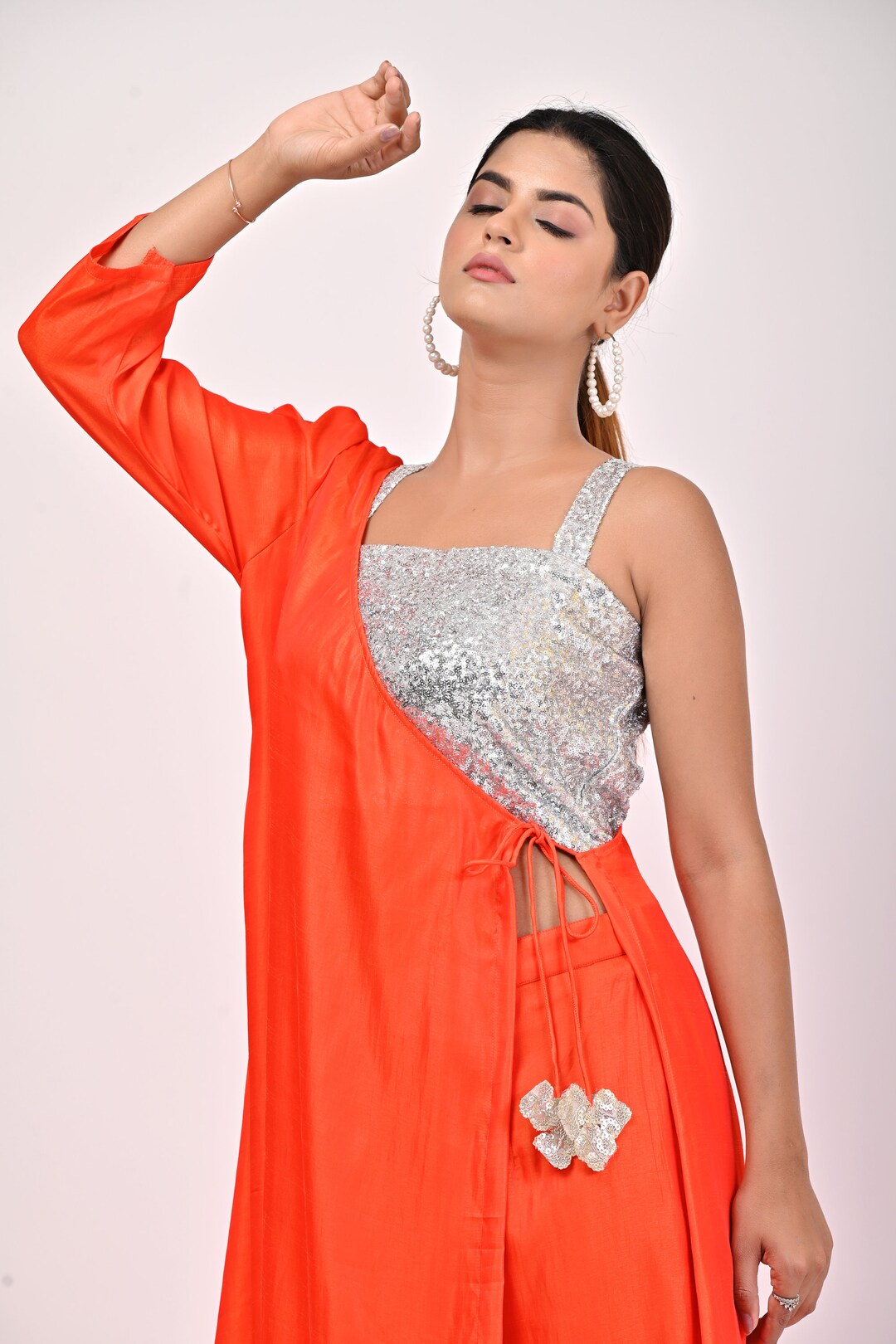 open lace back dress Odette Orange Organza Printed Indo Western Dress For Women