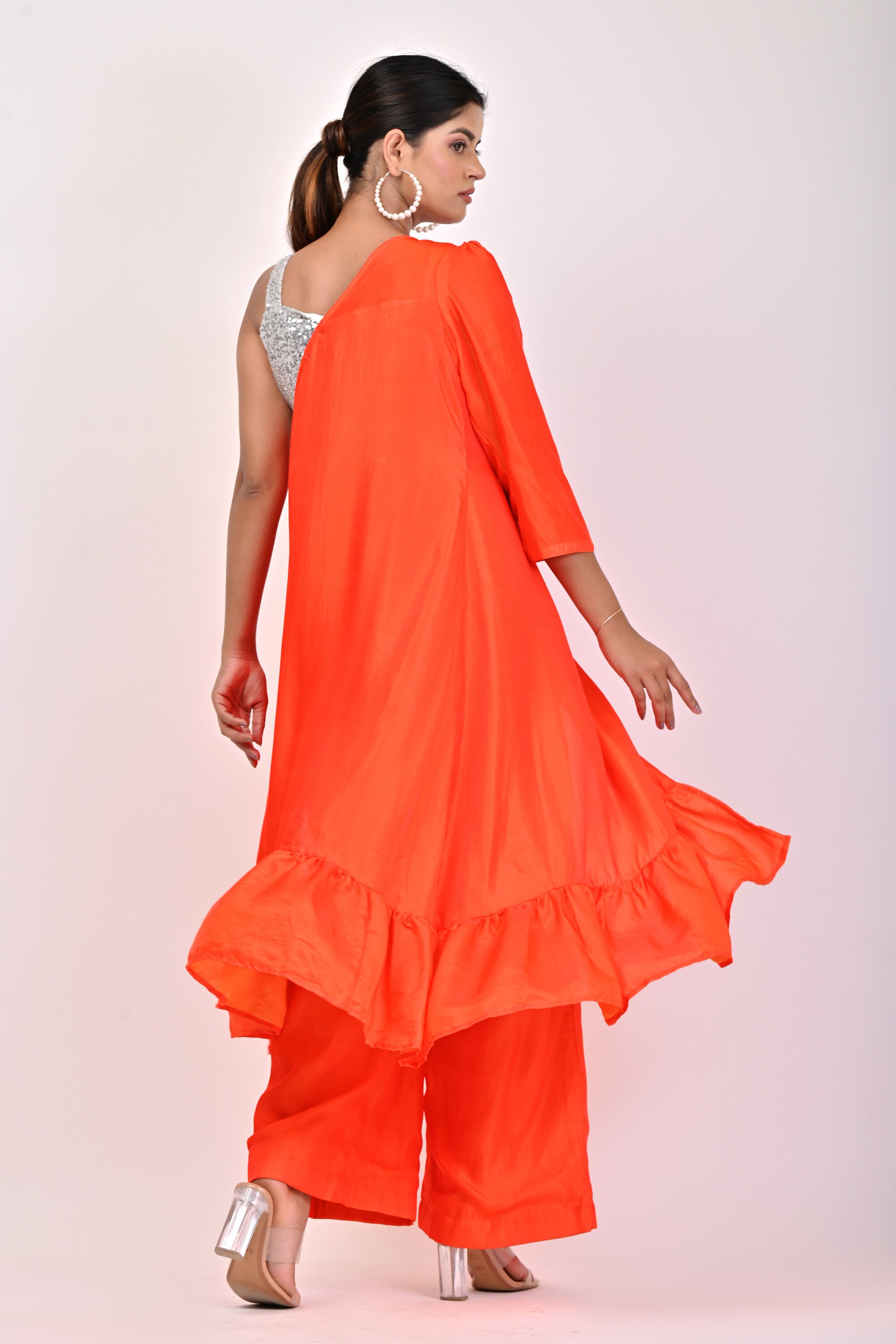 open lace back dress Odette Orange Organza Printed Indo Western Dress For Women
