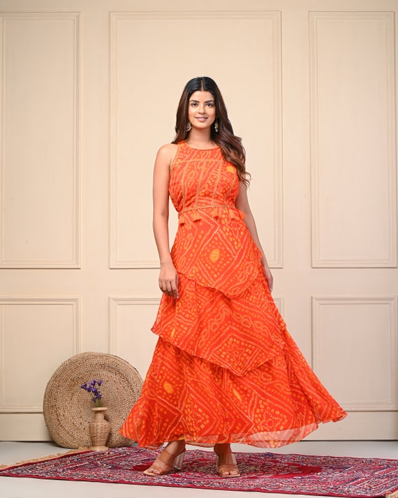 green emerald velvet dress Stylish Harini Bandhani Long Dress – Gillori main image 0