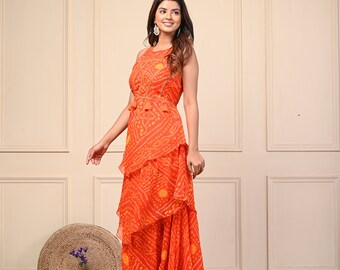orange bandhani dress Orange Color Bandhani Print Designer Kurti/long Dress for Women