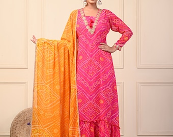 Pink & Yellow color bandhani print Designer kurti with duptta suit /dress For women