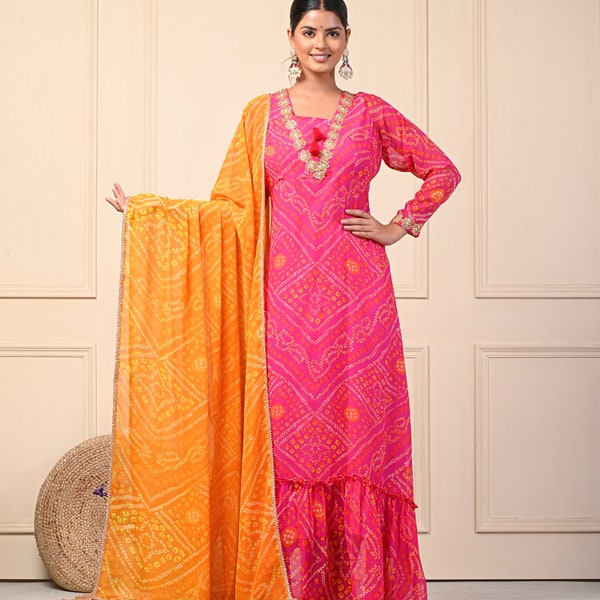Pink & Yellow color bandhani print Designer kurti with duptta suit /dress For women