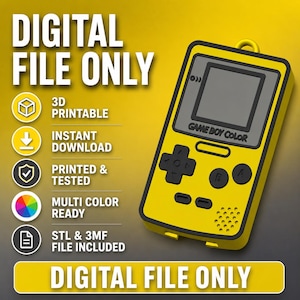 Pode incluir: Réplica amarela de uma consola Game Boy Color com botões pretos e um ecrã cinzento. O texto "DIGITAL FILE ONLY" está na parte superior e inferior. O texto adicional inclui "3D Printable", "Instant Download", "Printed & Tested", "Multi Color Ready" e "STL & 3MF File Included".