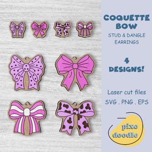 File SVG per orecchini a fiocco Coquette / Orecchini pendenti e a bottone Coquette in stile western da ragazza, file tagliato al laser Glowforge.