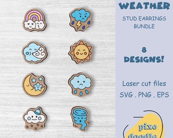 Kawaii weather earrings SVG bundle | Cute sun, rainbow, rain, moon and stars, tornado, snow stud earrings glowforge ready laser cut file