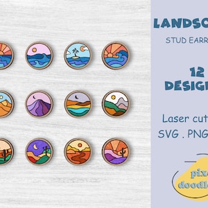 Paquete SVG de pendientes con paisajes: pendientes con forma de montaña, océano, desierto, puesta de sol y botón para exteriores, archivo de corte láser listo para Glowforge