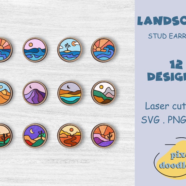 Landscape earrings SVG bundle |  Mountain, ocean, desert, sunset, outdoor stud earrings glowforge ready laser cut file