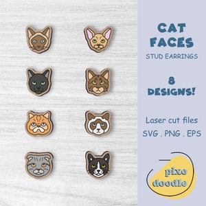 Lot SVG de boucles d'oreilles de visages de chat | Devon rex, Maine coon, cheveux courts exotiques, Ragdoll, boucles d'oreilles Scottish fold, fichier découpé au laser prêt à briller forge