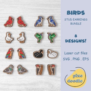 Brincos de pássaros SVG bundle | Pássaros fofos, cardeal, gaio azul, beija-flor, cisne negro, brincos de ganso glowforge ready laser cut file