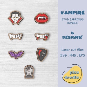 Pendientes de vampiro paquete SVG / Vampiro aterrador, Dientes, Sangre, Murciélago, Ataúd, Pendientes de lápida, archivo de corte láser listo para forja brillante