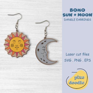 Sun & Moon earrings SVG file | Boho sun and moon dangle earrings glowforge ready laser cut file | Earrings laser file