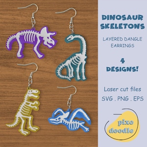 Dinosaurusskelet oorbellen SVG-bundel | Gelaagde dinosaurusfossiele hangoorbellen glowforge klaar lasergesneden bestand