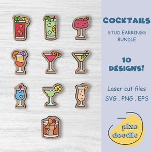 Cocktailoorbellen SVG-bestand | Leuke cocktaildrankjes, zomercocktails, happy hour-stekers, glowforge-klaar lasergesneden bestand