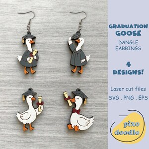 May include: Wooden dangle earrings featuring graduation geese in four designs. Each goose is wearing a graduation cap and gown, holding a diploma. The earrings are laser cut and include the text "GRADUATION GOOSE DANGLE EARRINGS 4 DESIGNS!"