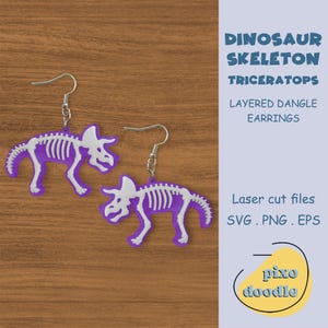 Dinosaurusskelet oorbellen SVG-bestand | Triceratops dinosaurusskelet, fossiel gelaagde hangoorbellen glowforge klaar lasergesneden bestand