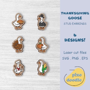 May include: Thanksgiving goose stud earrings in six designs. The earrings are laser cut and feature various goose characters holding a pie, wearing a hat, and more. The earrings are made of wood and have a brown background.