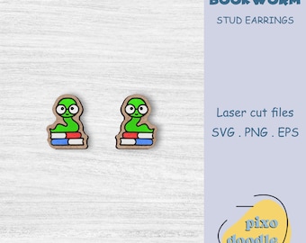 Bookworm earrings SVG file | Cute bookworm, books, library, teacher stud earrings glowforge ready laser cut file