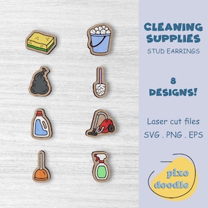SVG-bestand oorbellen schoonmaken | Schoonmaakbenodigdheden, spons, stofzuiger, toiletborstel, wasmiddel oorknopjes, lasergesneden bestand, klaar voor glowforge