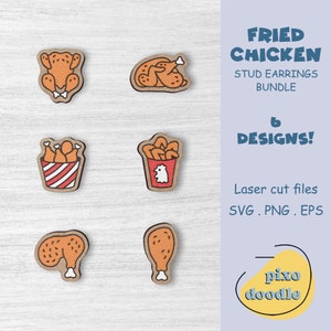 May include: Six designs of fried chicken stud earrings. The designs include a whole chicken, chicken drumsticks, chicken wings, and a bucket of fried chicken. The earrings are laser cut and come in SVG, PNG, and EPS file formats.