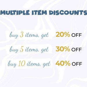 以下が含まれることがあります： 青と金のテキストで「MULTIPLE ITEM DISCOUNTS」と書かれた白い背景。3、5、10個のアイテムを購入すると、それぞれ20%、30%、40%の割引が適用されます。