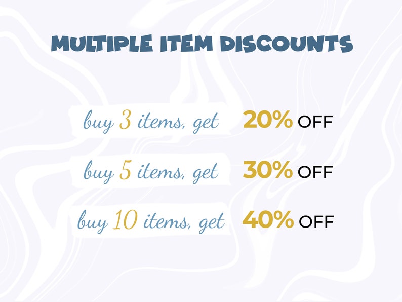 以下が含まれることがあります： 青と金のテキストで「MULTIPLE ITEM DISCOUNTS」と書かれた白い背景。3、5、10個のアイテムを購入すると、それぞれ20%、30%、40%の割引が適用されます。