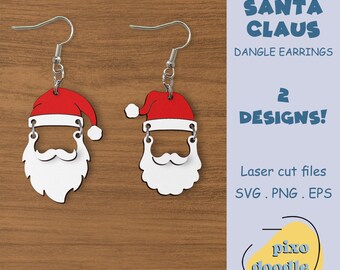 Op de afbeelding: Twee paar hangende oorbellen met een kerstmanontwerp. De oorbellen zijn gemaakt van wit en rood hout en hebben een zilveren haak. De tekst "SANTA CLAUS DANGLE EARRINGS 2 DESIGNS! Laser cut files SVG. PNG. EPS pixo doodle" is zichtbaar in de afbeelding.