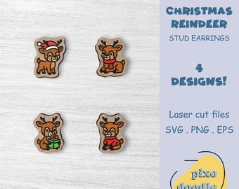 May include: Wooden stud earrings featuring four different reindeer designs. Each reindeer is brown with black antlers and a festive accessory, such as a Santa hat or scarf. The text "CHRISTMAS REINDEER STUD EARRINGS" is also visible.