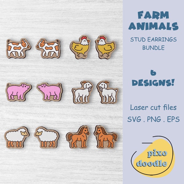 Farm animals earrings SVG bundle | Horse, sheep, cow, goat, chicken, pig stud earrings glowforge ready laser cut file | Earrings laser file