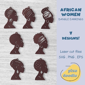 Può includere: Sette modelli di orecchini pendenti tagliati al laser marroni, raffiguranti profili di donne africane. Ogni modello presenta un'acconciatura e uno stile di orecchini diversi. Il testo "AFRICAN WOMEN DANGLE EARRINGS" e "7 DESIGNS!"