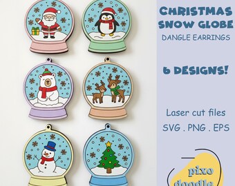 May include: Six colourful Christmas snow globe dangle earrings featuring Santa Claus, a penguin, a polar bear, reindeer, a snowman, and a Christmas tree. Laser cut files are shown. The text says '6 Designs!'