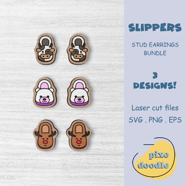 Cute slippers earrings SVG bundle | Cozy home winter slippers, cute bear, deer, cow slippers stud earrings glowforge ready laser cut file