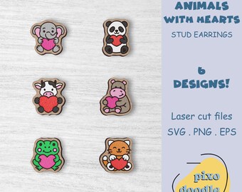 May include: Six laser cut designs of animals holding hearts, ideal for making stud earrings. The animals include an elephant, panda, cow, hippopotamus, frog, and cat. The designs are available in SVG, PNG, and EPS formats.