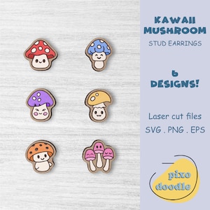 Puede incluir: Seis diseños de pendientes de botón de seta kawaii. Los pendientes están cortados con láser de madera y presentan setas de diferentes colores con caras lindas. El texto "KAWAII MUSHROOM STUD EARRINGS" y "6 DESIGNS!" es visible en la imagen. El texto "Laser cut files SVG. PNG. EPS" y "pixodoodle" también es visible en la imagen.
