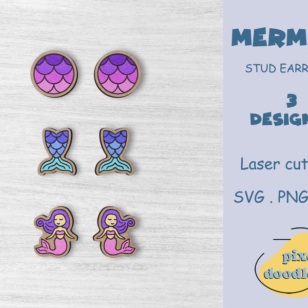 Mermaid stud earrings SVG file | Mermaid tail earring glowforge ready laser cut file | Little mermaid earrings digital file