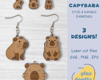 Capybara earrings SVG file | Cute capybara stud and dangle earrings glowforge ready laser cut file | Earrings laser file