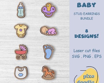 Baby earrings SVG bundle | Cute baby, new born, baby shower, new mother stud earrings glowforge ready laser cut file