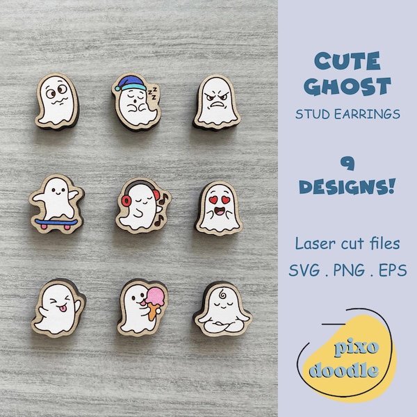 Cute Ghost Stud Earring Bundle SVG | Kawaii Halloween Laser Cut File | Funny Spooky Jewelry for Glowforge | Skateboard & Music Ghost Earring