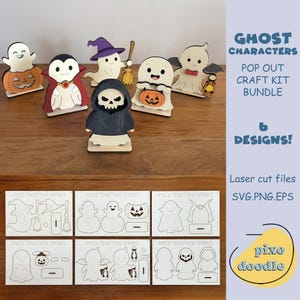 May include: Wooden Halloween-themed pop-out craft kit bundle featuring six ghost character designs. The characters include a vampire, a grim reaper, and ghosts holding pumpkins. The kit includes laser-cut files in SVG, PNG, and EPS formats.