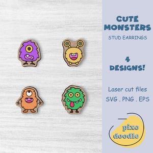 Monsters earrings SVG bundle | Super cute monsters , kawaii monsters glowforge ready laser engraved stud earrings digital file