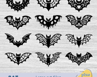 Gothic Bat SVG Bundle, 12 Halloween Laser Cut Files, Spooky Witchy Decor, Celestial & Floral Bat Wood Cutouts for Glowforge