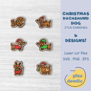 Könnte beinhalten: Holz-Ohrstecker mit Dackel-Motiven in sechs weihnachtlichen Designs. Jeder Ohrring zeigt einen Dackel mit Weihnachtsmütze, Schal oder Pullover. Der Text "CHRISTMAS DACHSHUND DOG STUD EARRINGS" und "6 DESIGNS!" sind zu sehen.