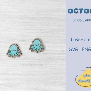 May include: Two blue and brown wooden octopus stud earrings. The earrings are on a white wooden background. The text "OCTOPUS" and "STUD EARRINGS" is in blue text on a light purple background. The text "Laser cut files" and "SVG. PNG. EPS" is in blue text on a light purple background. The text "pixodoodle" is in white text on a yellow circle with a black outline.