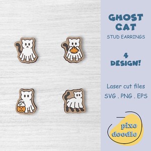 Pode incluir: Quatro designs de brincos de botão de gato fantasma cortados a laser. Os designs incluem um gato fantasma com uma abóbora, um gato fantasma com um balde de doces e dois gatos fantasmas sem acessórios. Os brincos são feitos de madeira e estão disponíveis nos formatos SVG, PNG e EPS.