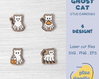 Peut inclure: Quatre modèles de boucles d'oreilles clous en forme de chat fantôme découpées au laser. Les motifs comprennent un chat fantôme avec une citrouille, un chat fantôme avec un seau de bonbons et deux chats fantômes sans accessoires. Les boucles d'oreilles sont en bois et sont disponibles aux formats SVG, PNG et EPS.