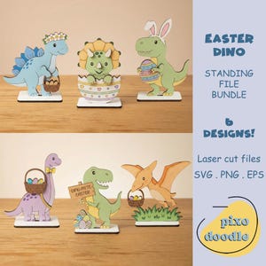May include: A collection of six Easter-themed dinosaur cutouts. The dinosaurs are in various colors and poses, holding Easter baskets or wearing bunny ears. The text "Easter Dino Standing File Bundle" is visible.