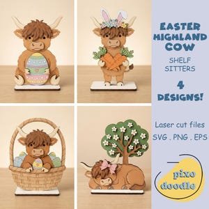Puede incluir: Cuatro figuras de madera de vaca de las Highlands de Pascua en varios diseños. Una vaca sostiene un huevo de Pascua, otra lleva orejas de conejo y sostiene zanahorias, una tercera está en una cesta con huevos. El texto "EASTER HIGHLAND COW" es visible.